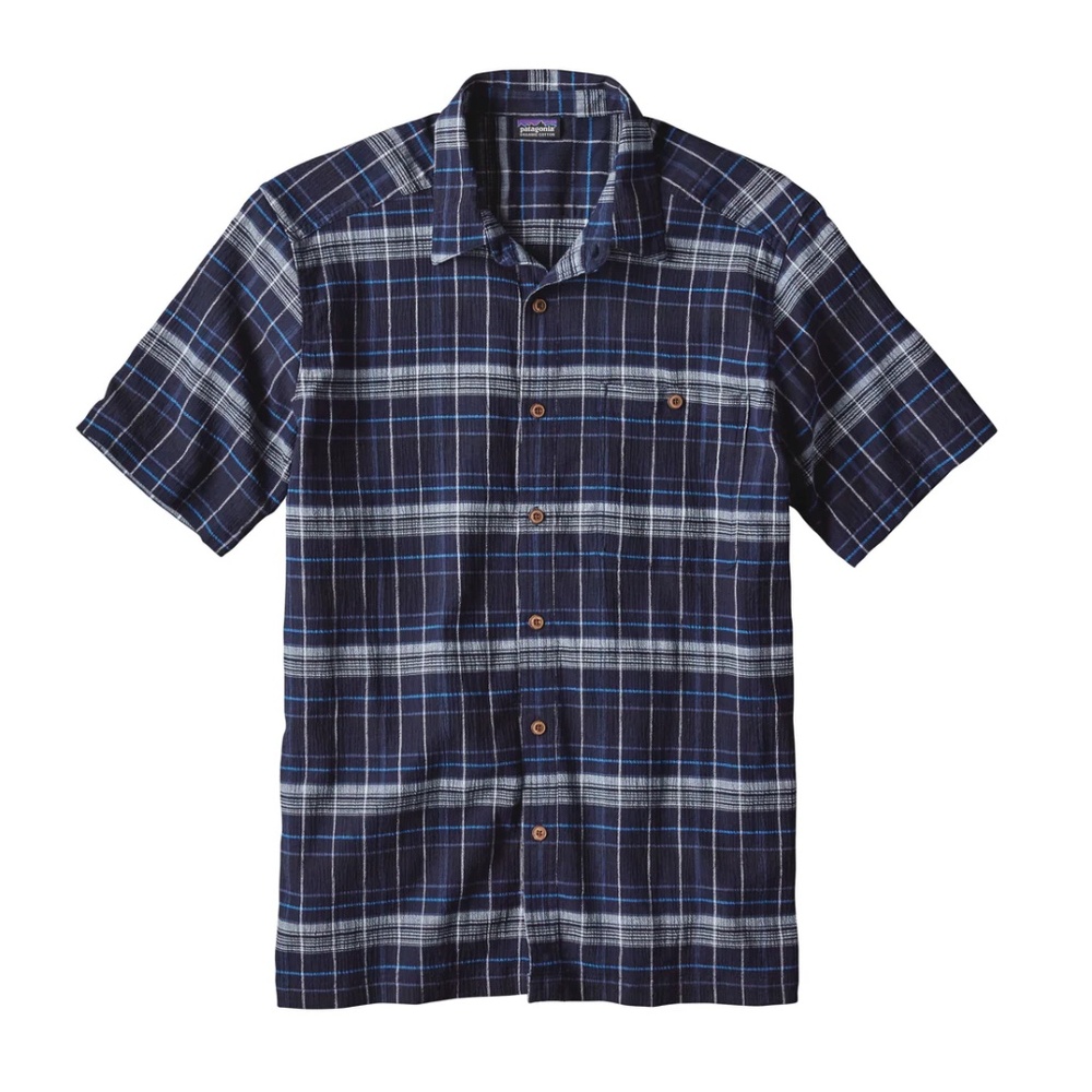 Patagonia Organic Cotton Plaid Shirt Navy Blue Short Sleeve Button Front L